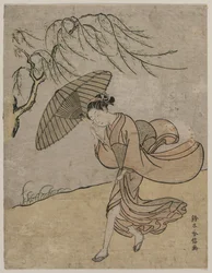Woman Running Past a Willow Tree in a Breeze