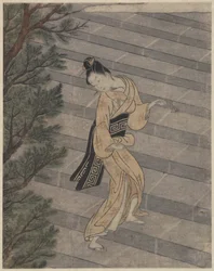 Young Woman Climbing Stone Stairs to a Shinto Temple