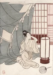 Young Woman Kneeling by Her Mosquito Net