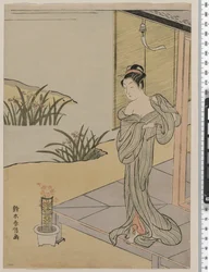 Young Woman Looking at a Pot of Pinks