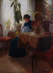 Interior with Woman Sewing