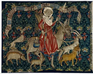 Tapestry depicting The Wandering Housewife or Woman Riding to Market