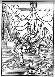 The Legend of Saint Brendan (Brandan), Hero and Irish Saint of the 6th century. Ships are sinking in the Cleves Sea. Engraving of 