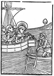 The Legend of Saint Brendan: Confreres Meet a Dwarf at the End of the World. Engraving of Die Wunderbare Meerfahrt des Hl. Brandan