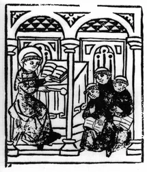 The legend of Saint Brendan (Brandan), hero and Irish saint of the 6th century. The saint recounts the wonders of the sea to his confreres of the monastery. Engraving of "Die Wunderbare Meerfahrt des Hl. Brandan." Bale