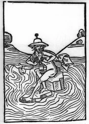The legend of Saint Brendan, Irish saint of the 6th century: The encounter with Judas suffering from many torments. Engraving of 