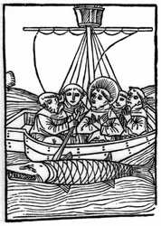 The Legend of Saint Brendan: The Encounter with the Giant Fish Isconius. Engraving of Die Wunderbare Meerfahrt des Hl. Brandan
