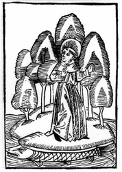 The legend of Saint Brendan (Brandan), hero and Irish saint of the 6th century. The saint is on a forest on the back of a fish. Engraving of 