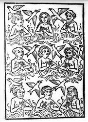 The legend of Saint Brendan (Brandan), hero and Irish saint of the 6th century: The fires of Purgatory and the firebirds. Engraving of 