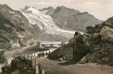 The lower part of the Rhone Glacier and Road to the Furka
