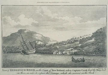 Captain Cook having the Endeavour repaired in a harbour on one of the Hope Islands - Engraving