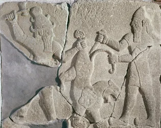The king and a god hunting a lion