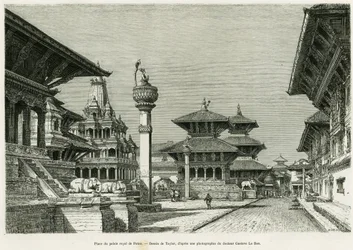Place of the Royal Palace of Patan (Present Lalitpur). Engraving to illustrate the story Voyage au Nepal, by Dr. Gustave Le Bon, in le tour du monde 1886, directed by Edouard Charton, Hachette, Paris.