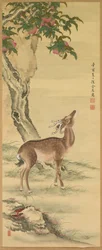 Symbols of Longevity: Deer under Peach and Pine, Pair of hanging scrolls