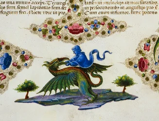 Border frieze at foot of page with figure of genius and winged monster, Volume II, Bible of Borso d