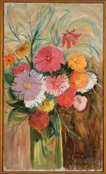 Zinnias and Asters in a Glass Jar