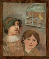 Two Girls under a Cage with a Canary