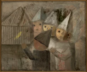 Children in Front of a Cage with a Canary
