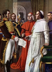 Pope Pius VII, prisoner at the castle of Fontainebleau, consented to sign, on 25/01/1813, the Concordat of Fontainebleau (1813), by which he abdicated his temporal sovereignty, part of his spiritual authority (Pope Pius VII confined in France in the castle