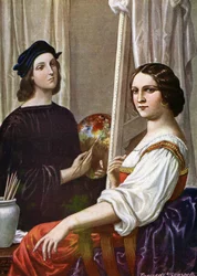 Portrait of the painter Raphael (Raffaello Sanzio 1483 - 1520) painting the Fornarina (Illustration by Tancredi Scarpelli from Storia d