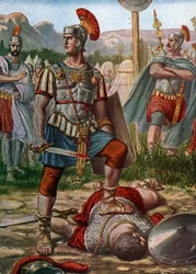 Roman Antiquity: Consul Titus Manlius Imperiosus Torquatus defeating a Gallic in 361 BC (Illustration by Tancredi Scarpelli)