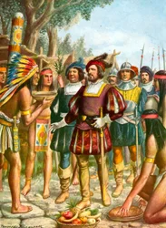Spaniards Being Welcomed by an Indian Chief Who Offers Them Cakes, Fruit and Wine