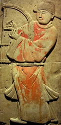 Terracotta stele with musician, Tang Dynasty (618-907), discovered in Shaanxi Province, Steles Forest Museum in Xian. Photography, Leonard de Selva, China, 2006.