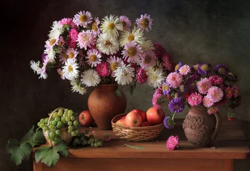 Colorful Asters and Fruit