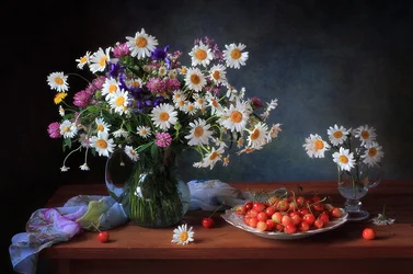 Fresh Daisies and Cherries