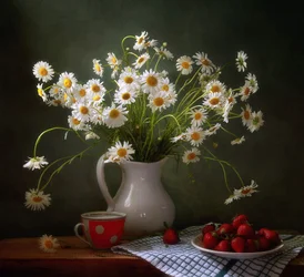 Fresh Daisies and Strawberries
