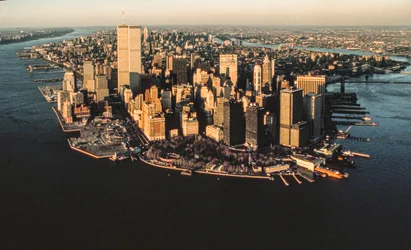 Aerial view of Lower Manhattan waterfront from New York Harbor including World Trade Center