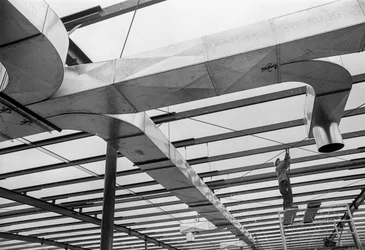 Steel framing and ventilation ductwork at construction site at Hanford operations