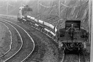 Train carrying copper ore from mine to smelter at Phelps Dodge Smelter Douglas Arizona