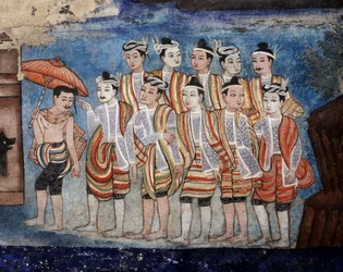 A Group of Thai Yai (Shan) Men, (detail) Murals of Viharn Laikam Portraying the Sang Thong Tales