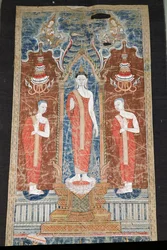 Banner depicting standing Buddha with two disciples, Ratanakosin Style