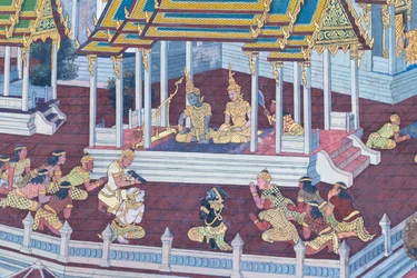 Mural depicting scenes from the Ramayana at Wat Phra Kaeo, the Royal Grand Palace, Bangkok, Thailand