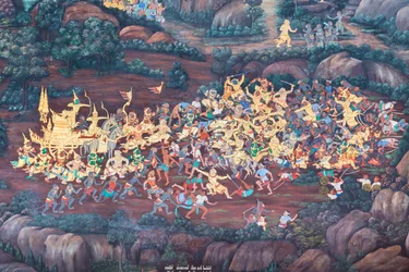 Mural depicting scenes from the Ramayana at Wat Phra Kaeo, the Royal Grand Palace, Bangkok, Thailand