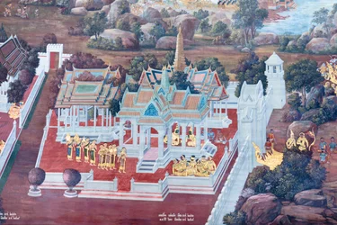 Mural depicting scenes from the Ramayana at Wat Phra Kaeo, the Royal Grand Palace, Bangkok, Thailand