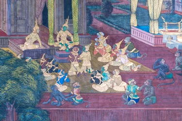Mural depicting scenes from the Ramayana at Wat Phra Kaeo, the Royal Grand Palace, Bangkok, Thailand