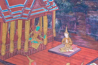 Mural depicting scenes from the Ramayana at Wat Phra Kaeo, the Royal Grand Palace, Bangkok, Thailand