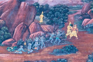 Mural depicting scenes from the Ramayana at Wat Phra Kaeo, the Royal Grand Palace, Bangkok, Thailand
