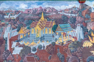 Mural Depicting Scenes from the Ramayana at Wat Phra Kaeo, the Royal Grand Palace, Bangkok, Thailand