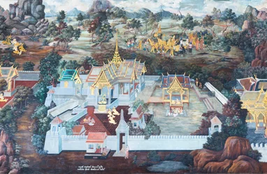Mural Depicting Scenes from the Ramayana at Wat Phra Kaeo, the Royal Grand Palace, Bangkok, Thailand