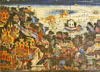 Rear panel of a wardrobe depicting a scene from the Ramakien