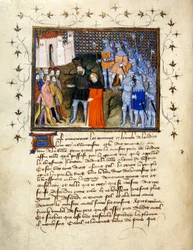 King Richard II, led captive by Henry Bolingbroke to London, renounces the throne; decorated border with text below