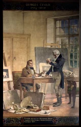 Paleontology: Baron Georges Cuvier (1769-1832) reunites the documents for his work on fossil bones. Fresco by Theobal Chartran (1849-1907). Paris University of the Sorbonne