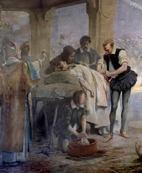 The doctor Ambroise Paré (1509-1590) performs the ligation of the arteries on an arquebusier injured during the siege of Metz by Charles V in 1553. Detail. Painting by Theobald Chartran (1849-1907)