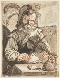 A Violinist, Half-figure Facing Forward, Sitting in Front of a Table with Sheet Music, a Jug, and a Glass