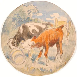 Two Calves in the Wild, Licking an Overturned Dandelion