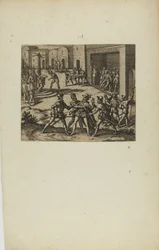 (Jacobus Almagrus a Ferdinando Pizarro Invincula Coniicitur in Carcere....) (from book, Americae, part six)